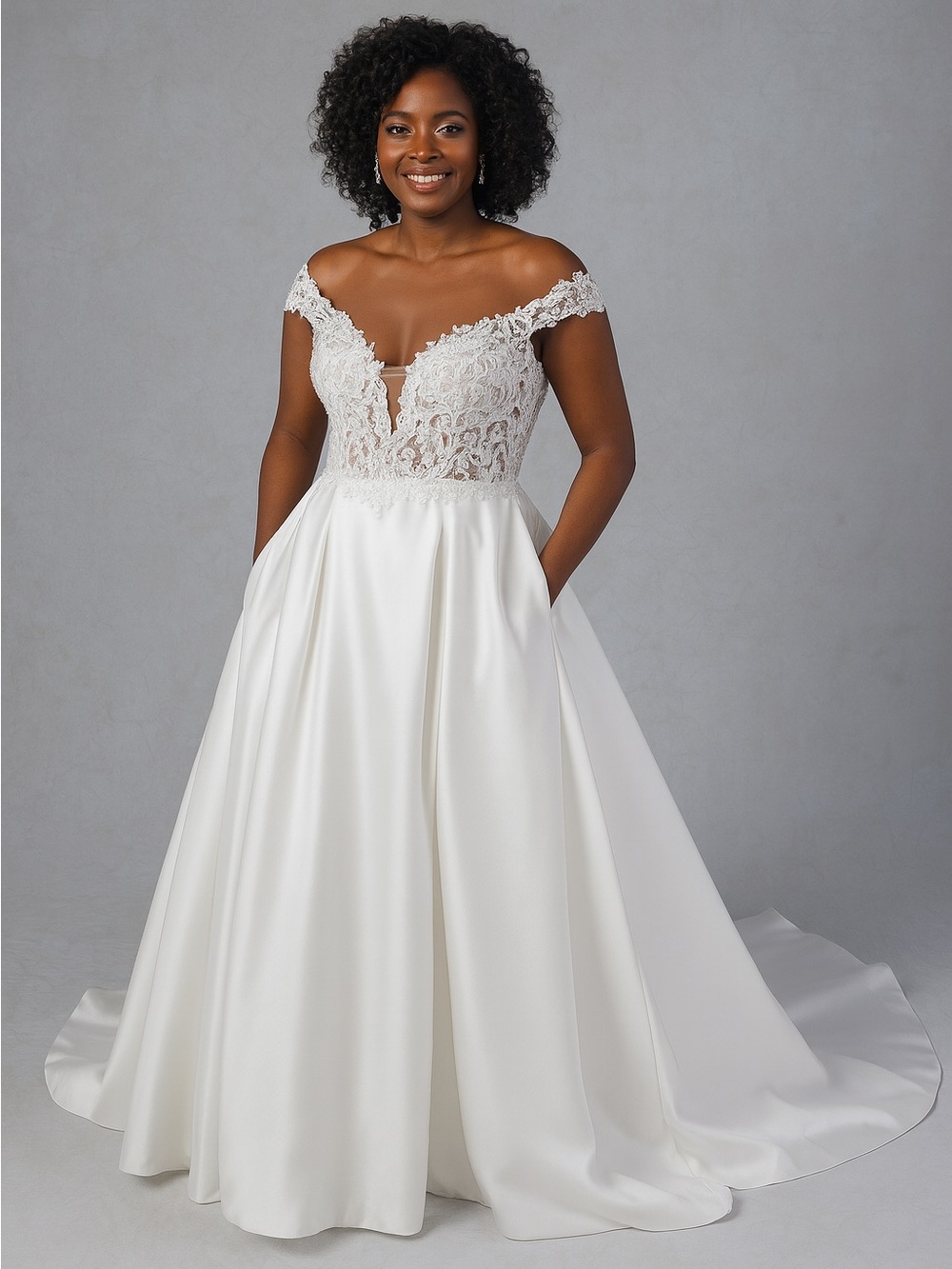 Justin Alexander Rings Off-Shoulder Lace Bodice Satin A-Line Wedding Dress
